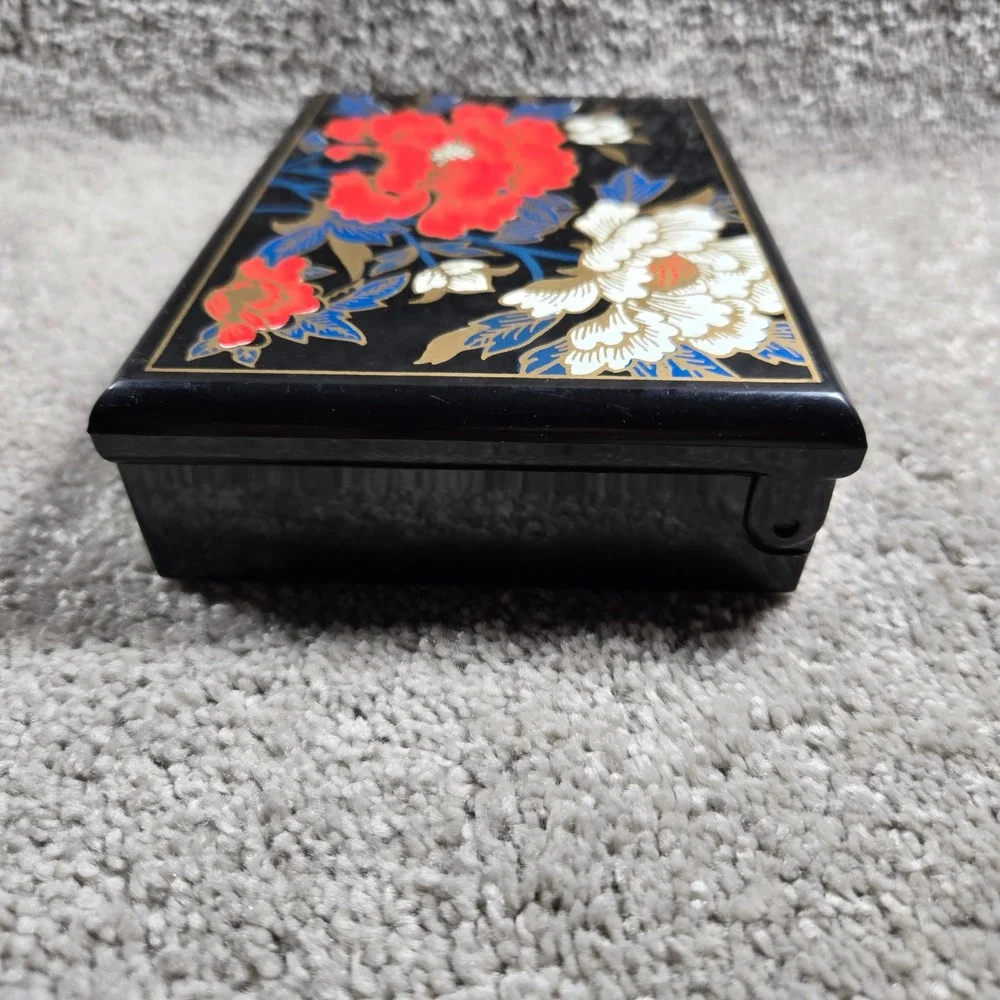 Jewelry Box Black Floral Peony Mirror Red Lining Organizer Vanity
